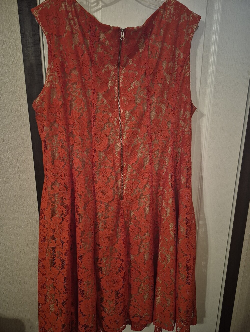 Sleeveless Red Lace Midi Dress with Floral Overlay